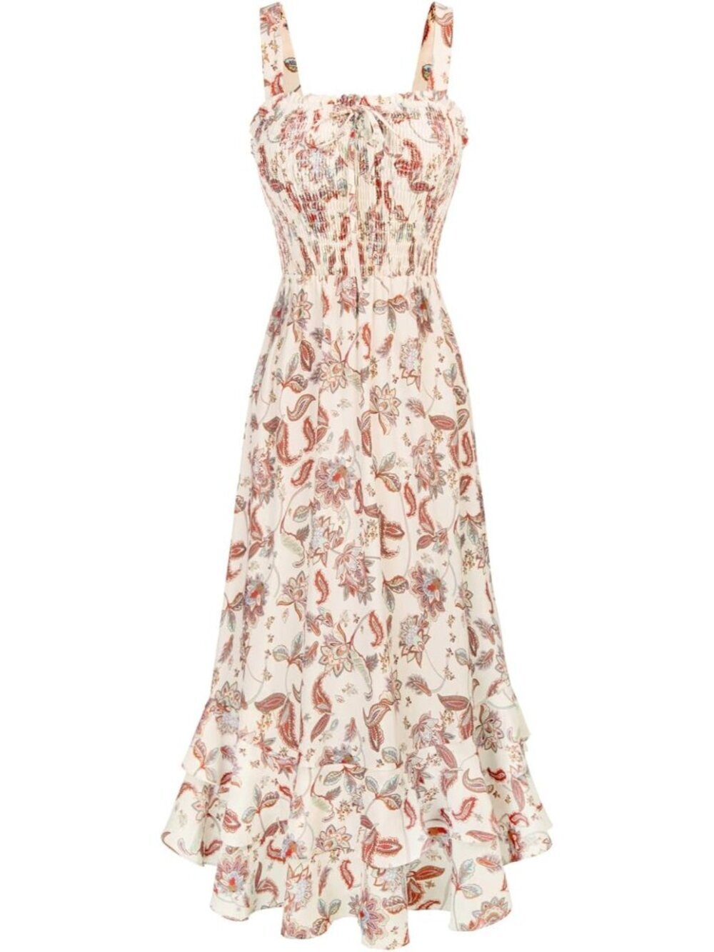 Women's Beige Square Neck Strapped A LINE Floral Boho Long Maxi Dress